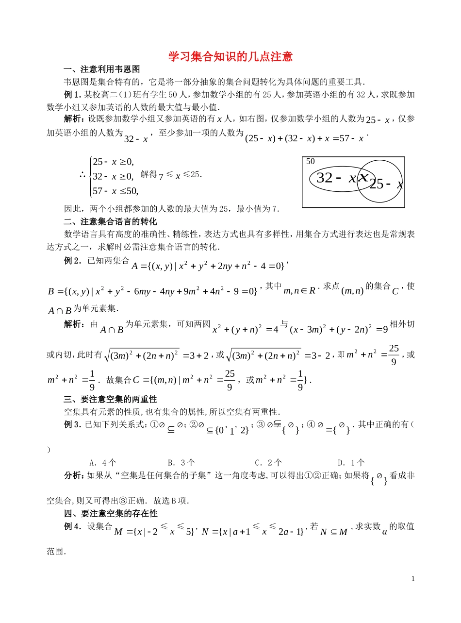 高中数学 学习集合知识的几点注意素材 苏教版必修1_第1页
