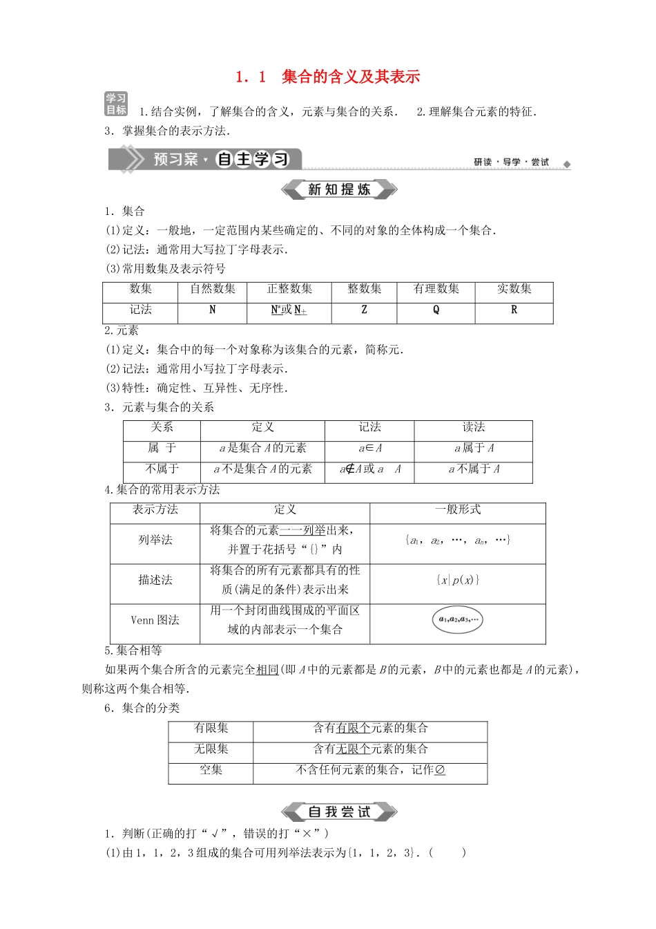 高中数学 第1章 集合 1.1 集合的含义及其表示学案 苏教版必修1-苏教版高一必修1数学学案_第1页