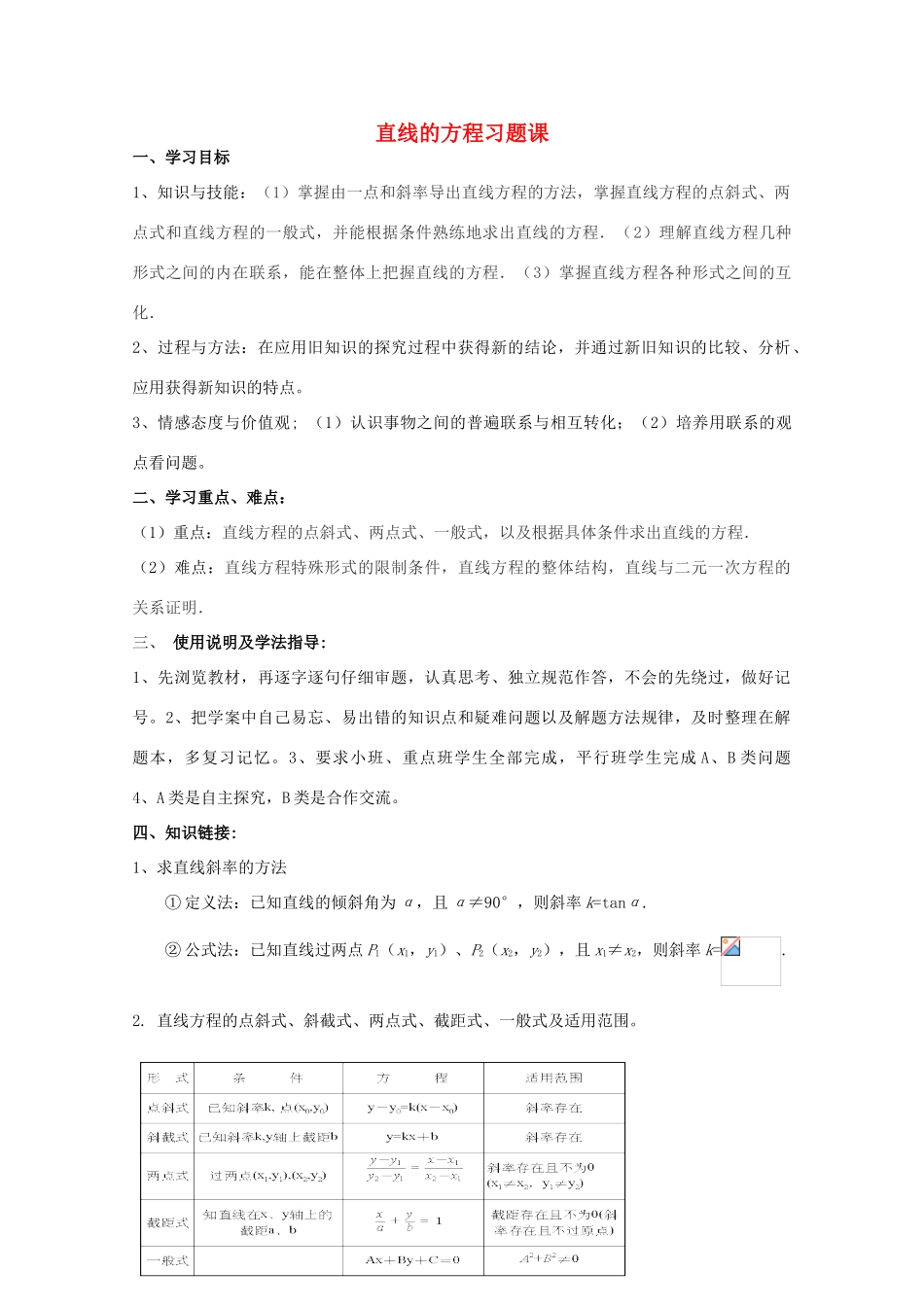 高中数学 直线的方程习题课导学案 新人教A版数学必修2_第1页
