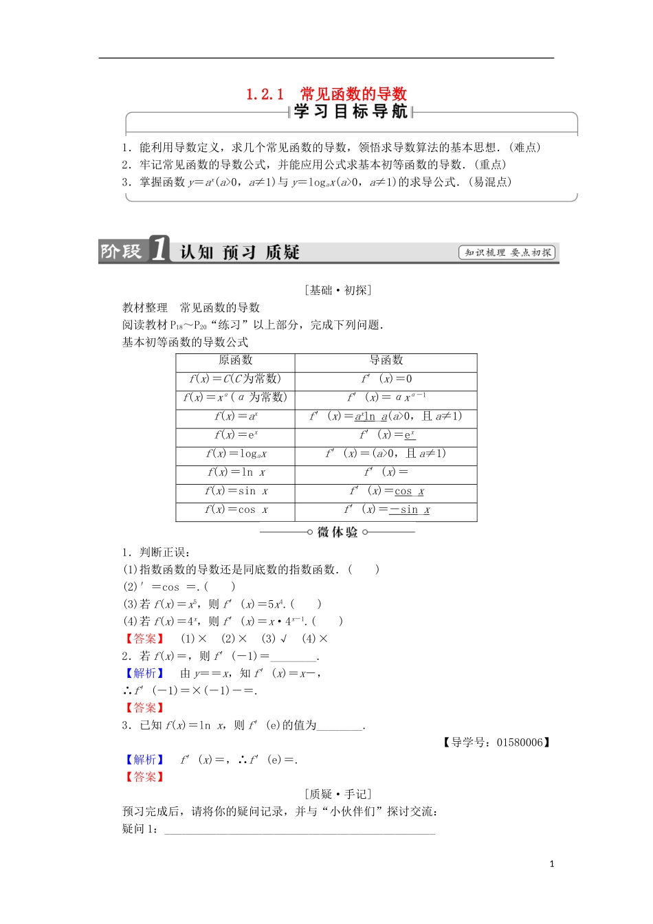 高中数学 第1章 导数及其应用 1.2.1 常见函数的导数学案 苏教版选修2-2-苏教版高中选修2-2数学学案_第1页