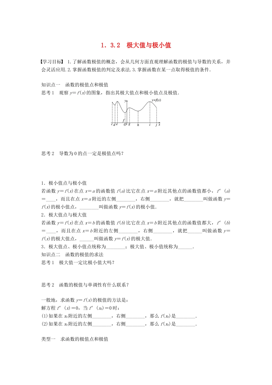 高中数学 第1章 导数及其应用 1.3.2 极大值与极小值学案 苏教版选修2-2-苏教版高二选修2-2数学学案_第1页