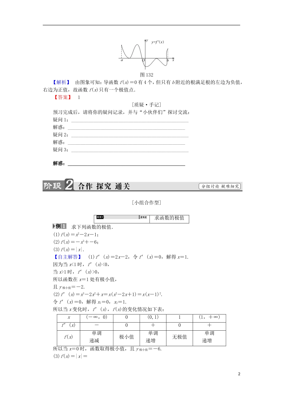 高中数学 第1章 导数及其应用 1.3.2 极大值与极小值学案 苏教版选修2-2-苏教版高中选修2-2数学学案_第2页