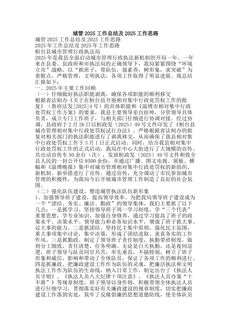 城管2025工作总结及2025工作思路-精品范文资料_第1页