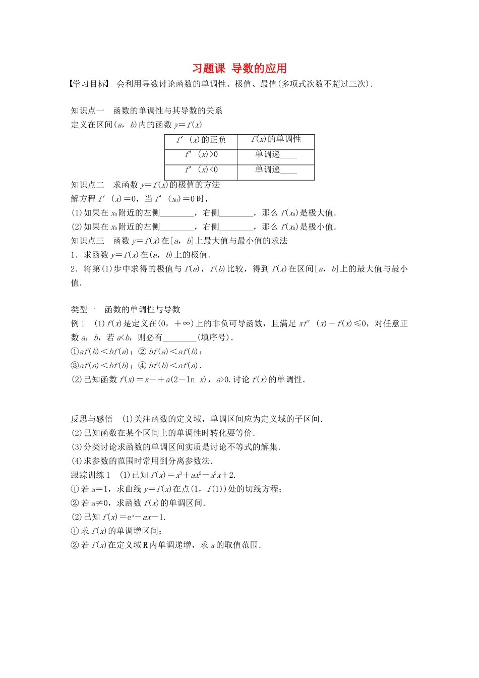 高中数学 第1章 导数及其应用 习题课 导数的应用学案 苏教版选修2-2-苏教版高二选修2-2数学学案_第1页