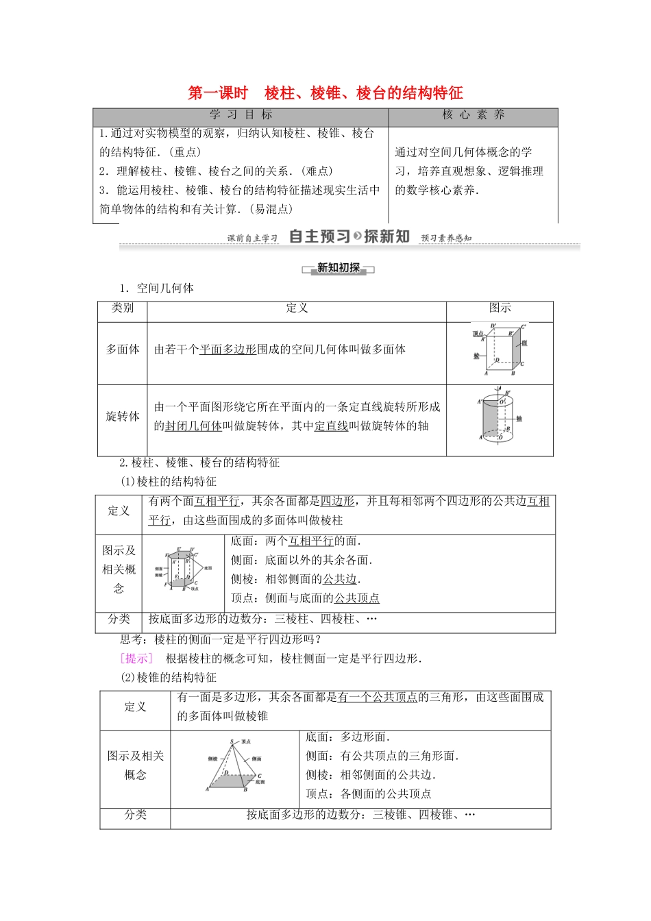 高中数学 第1章 空间几何体 1.1 空间几何体的结构 第1课时 棱柱、棱锥、棱台的结构特征学案 新人教A版必修2-新人教A版高一必修2数学学案_第1页