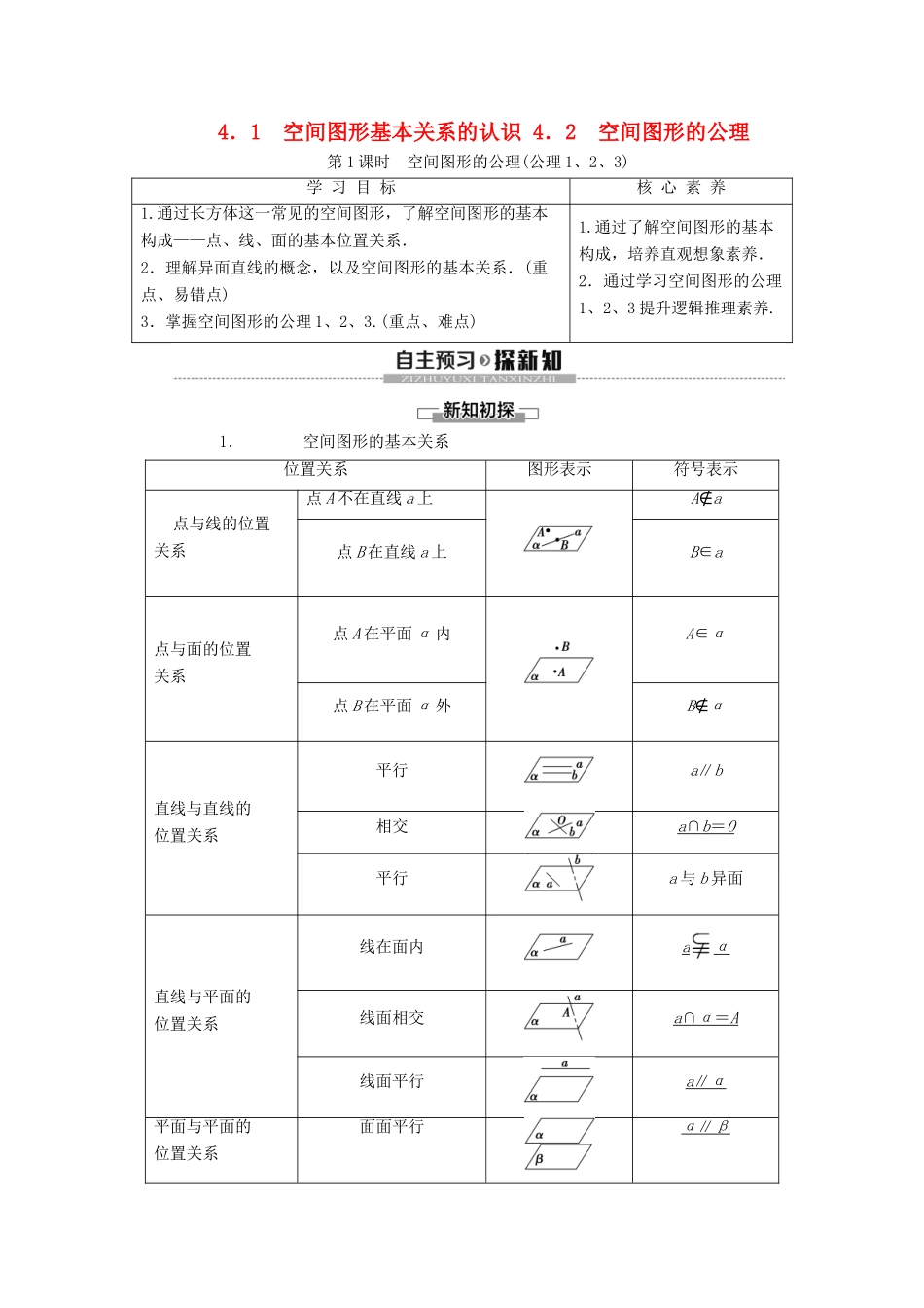 高中数学 第1章 立体几何初步 4 4.1 空间图形基本关系的认识 4.2 空间图形的公理 第1课时 空间图形的公理（公理1、2、3）学案 北师大版必修2-北师大版高一必修2数学学案_第1页