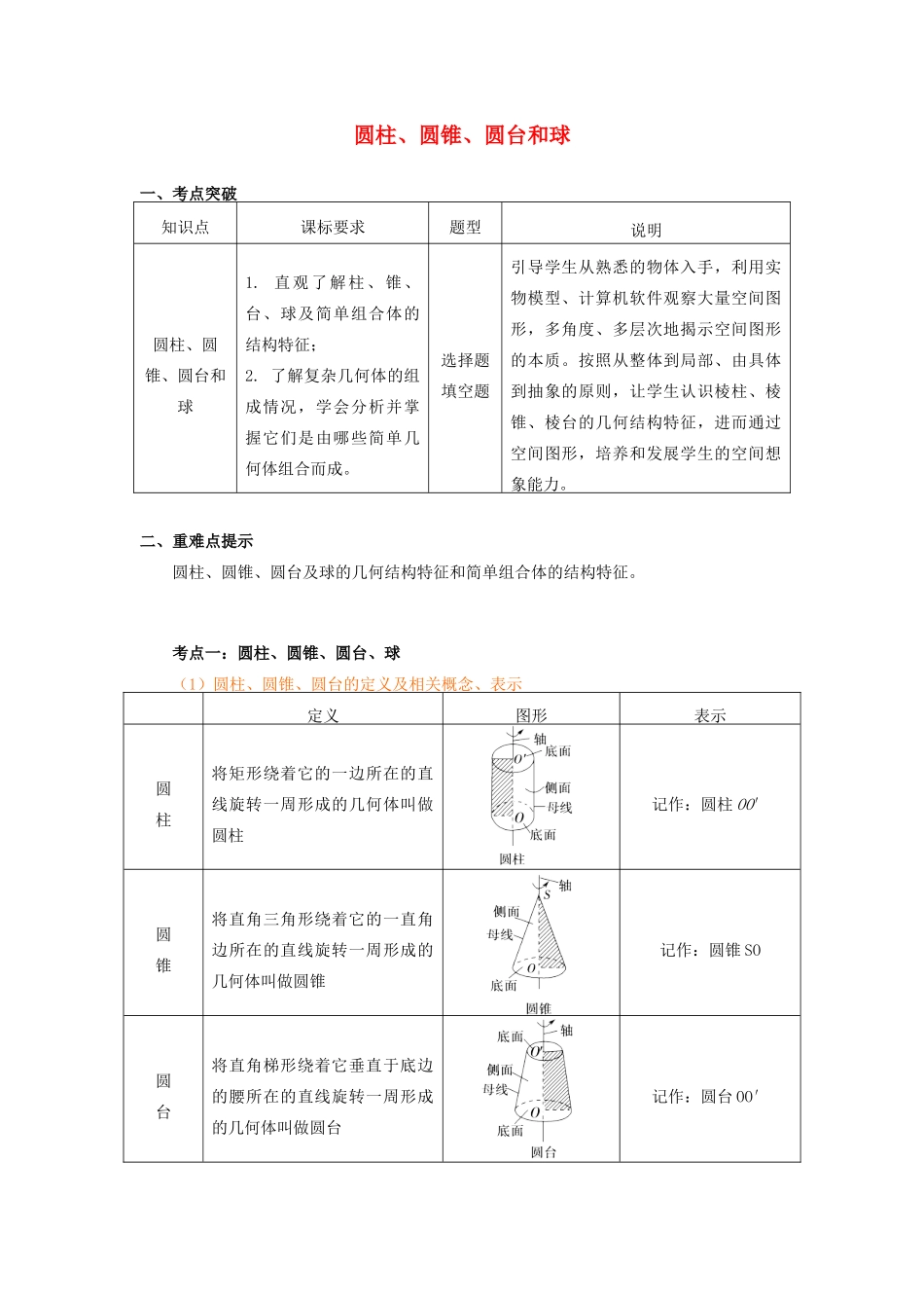 高中数学 第1章 立体几何初步 第一节 空间几何体2 圆柱、圆锥、圆台和球学案 苏教版必修2-苏教版高一必修2数学学案_第1页