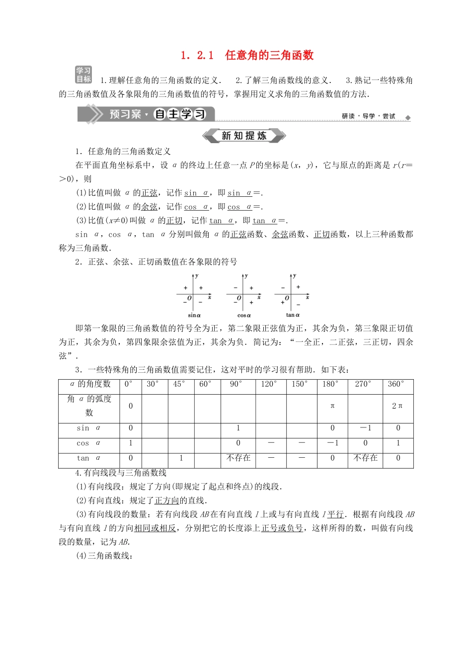 高中数学 第1章 三角函数 1.2 任意角的三角函数 1.2.1 任意角的三角函数学案 苏教版必修4-苏教版高一必修4数学学案_第1页