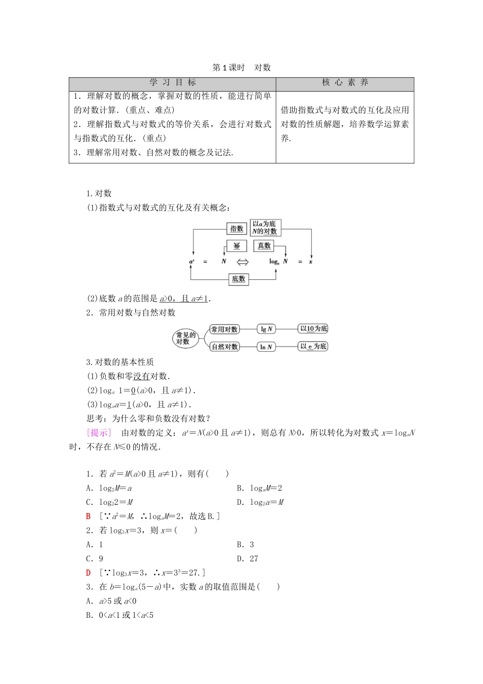 高中数学 第2章 基本初等函数（Ⅰ） 2.2.1 对数与对数运算（第1课时）对数学案 新人教A版必修1-新人教A版高一必修1数学学案_第1页