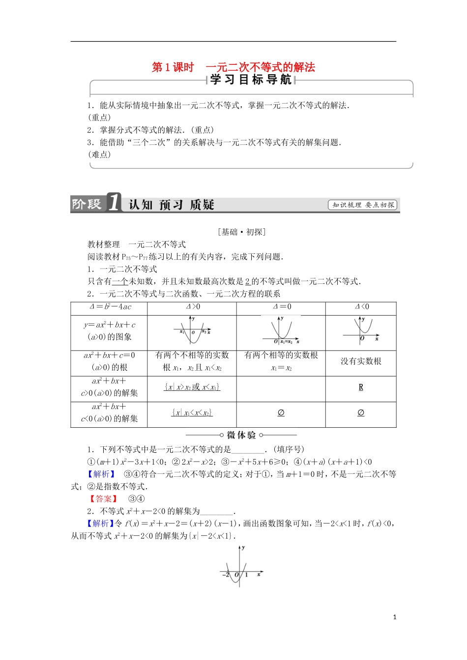 高中数学 第3章 不等式 3.2.1 一元二次不等式的解法学案 苏教版必修5-苏教版高中必修5数学学案_第1页
