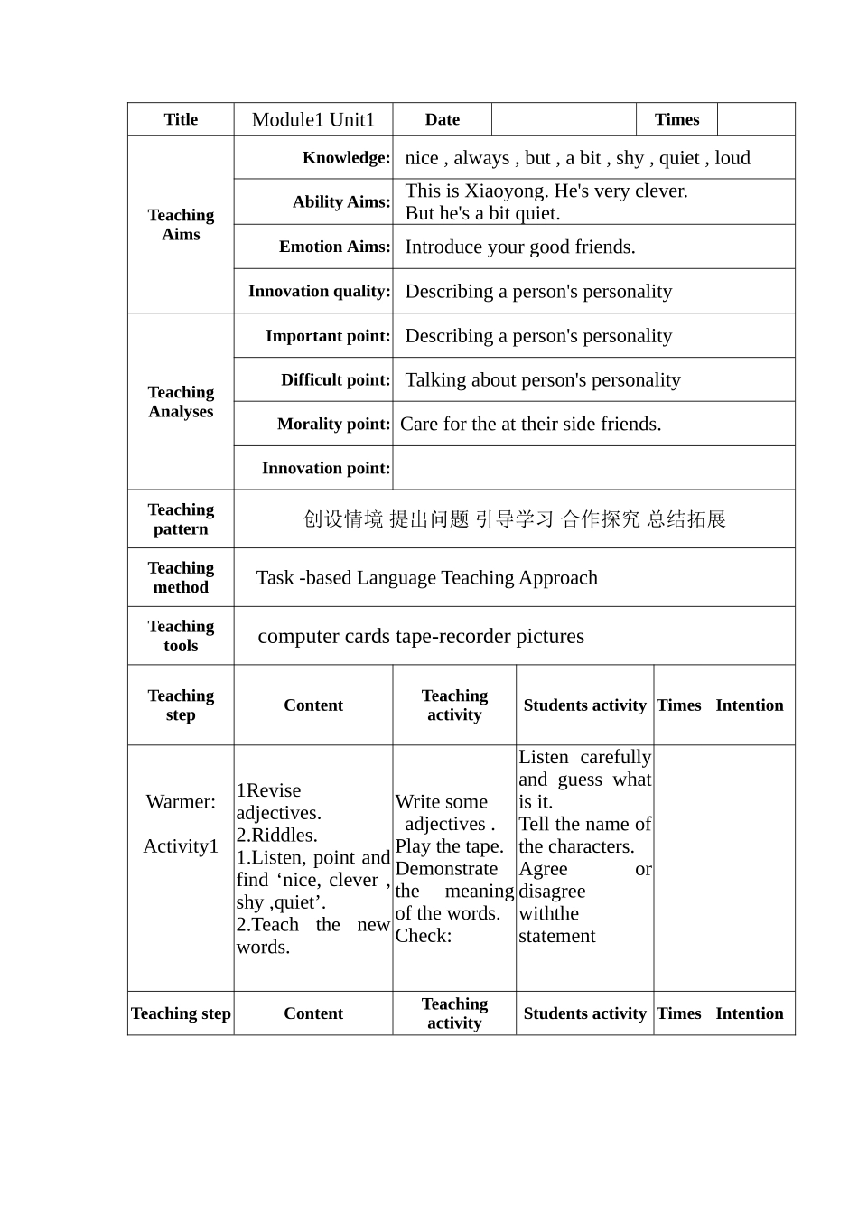 外研版第六册Module-1《Unit-1-She’s-very-nice》教案_第1页