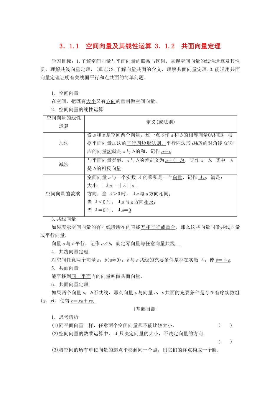 高中数学 第3章 空间向量与立体几何 3.1 空间向量及其运算 3.1.1 空间向量及其线性运算 3.1.2 共面向量定理学案 苏教版选修2-1-苏教版高二选修2-1数学学案_第1页