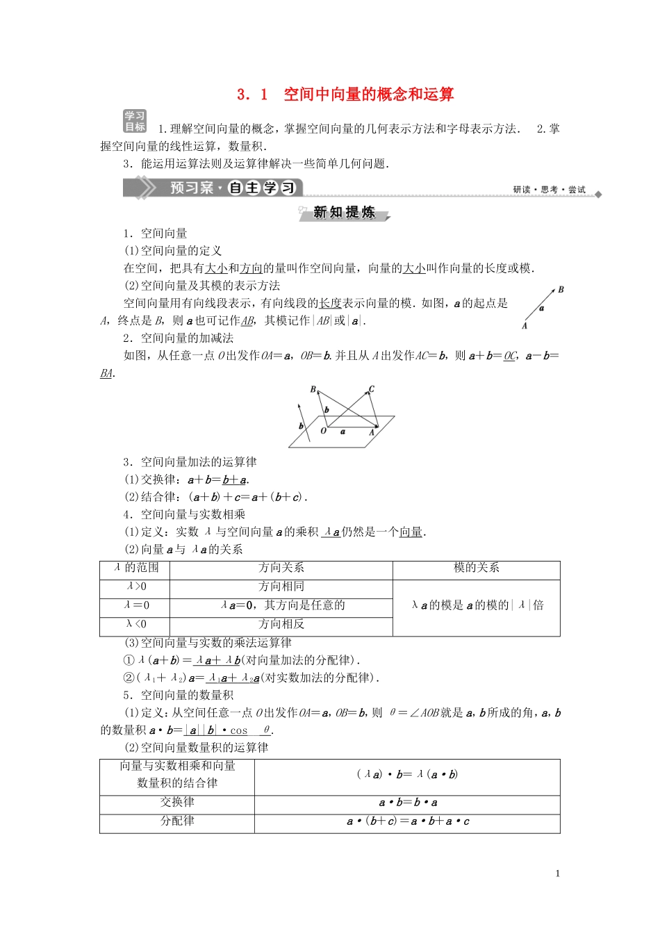 高中数学 第3章 空间向量与立体几何 3.1 空间中向量的概念和运算学案 湘教版选修2-1-湘教版高二选修2-1数学学案_第1页