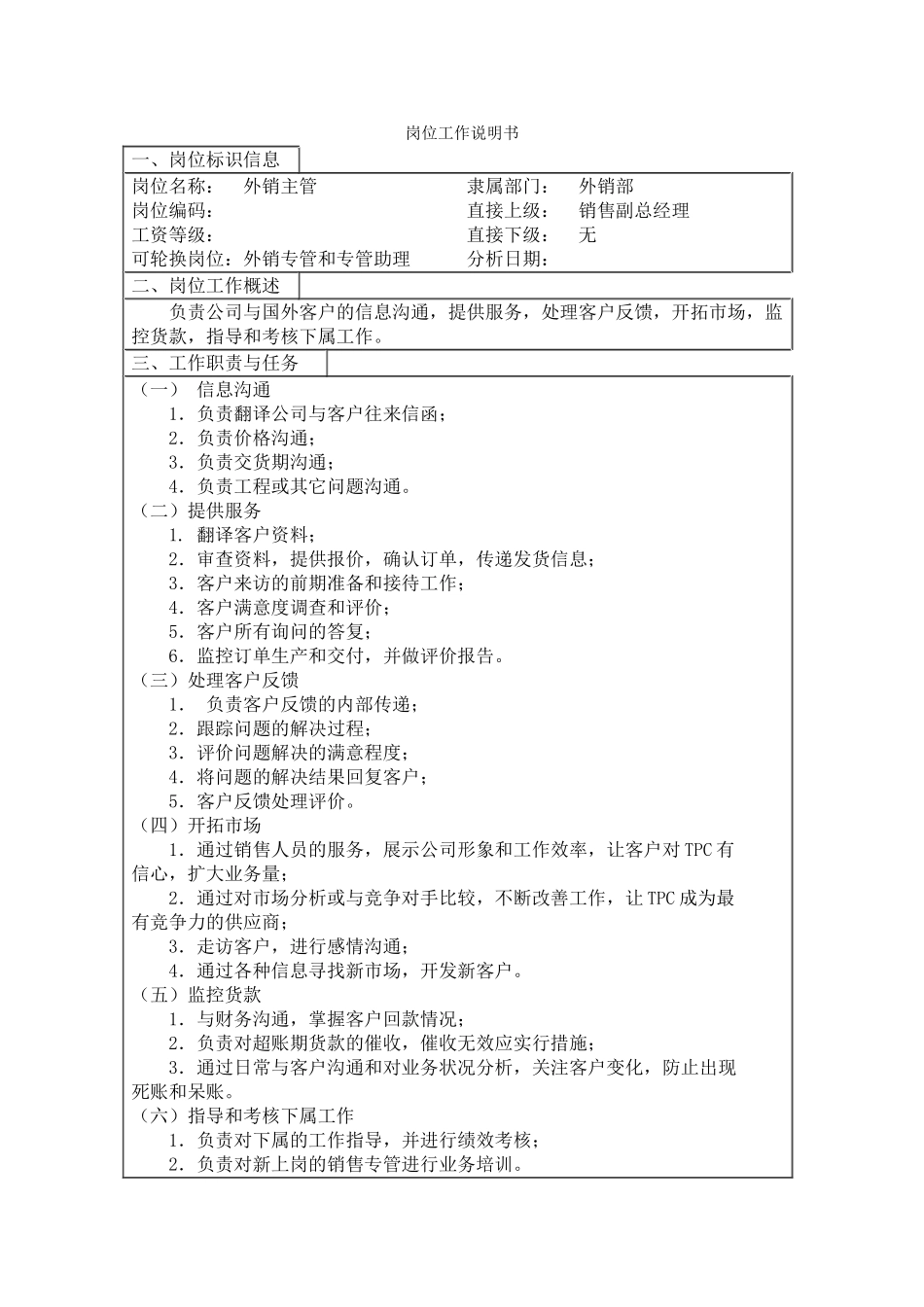 外销主管岗位工作说明书_第1页