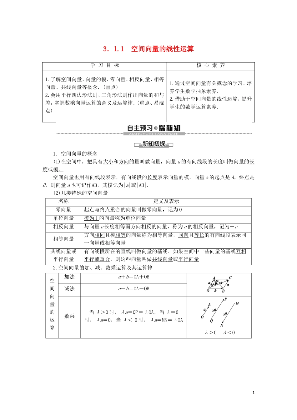 高中数学 第3章 空间向量与立体几何 3.1.1 空间向量的线性运算学案 新人教B版选修2-1-新人教B版高二选修2-1数学学案_第1页