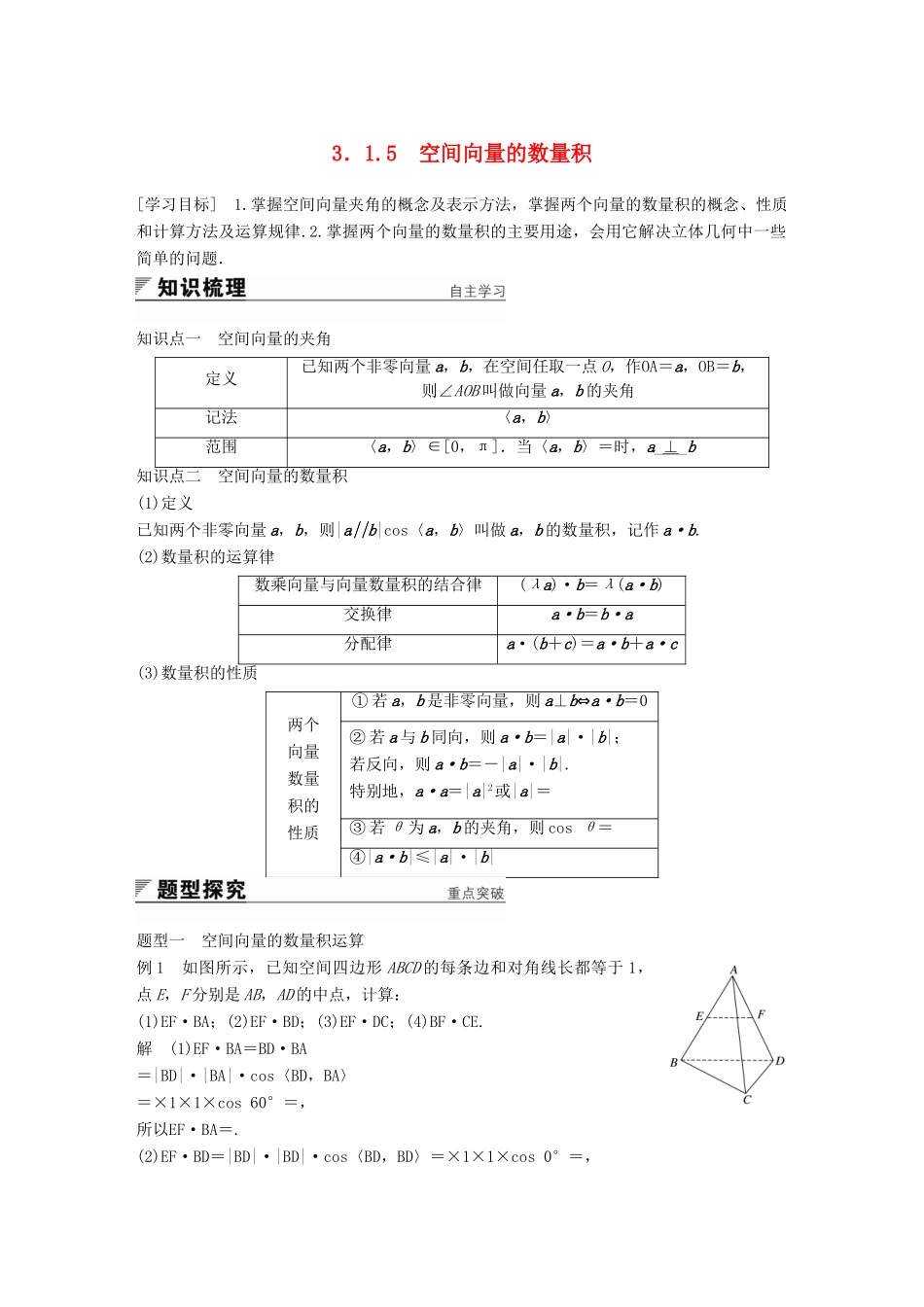 高中数学 第3章 空间向量与立体几何 3.1.5 空间向量的数量积学案 苏教版选修2-1-苏教版高二选修2-1数学学案_第1页