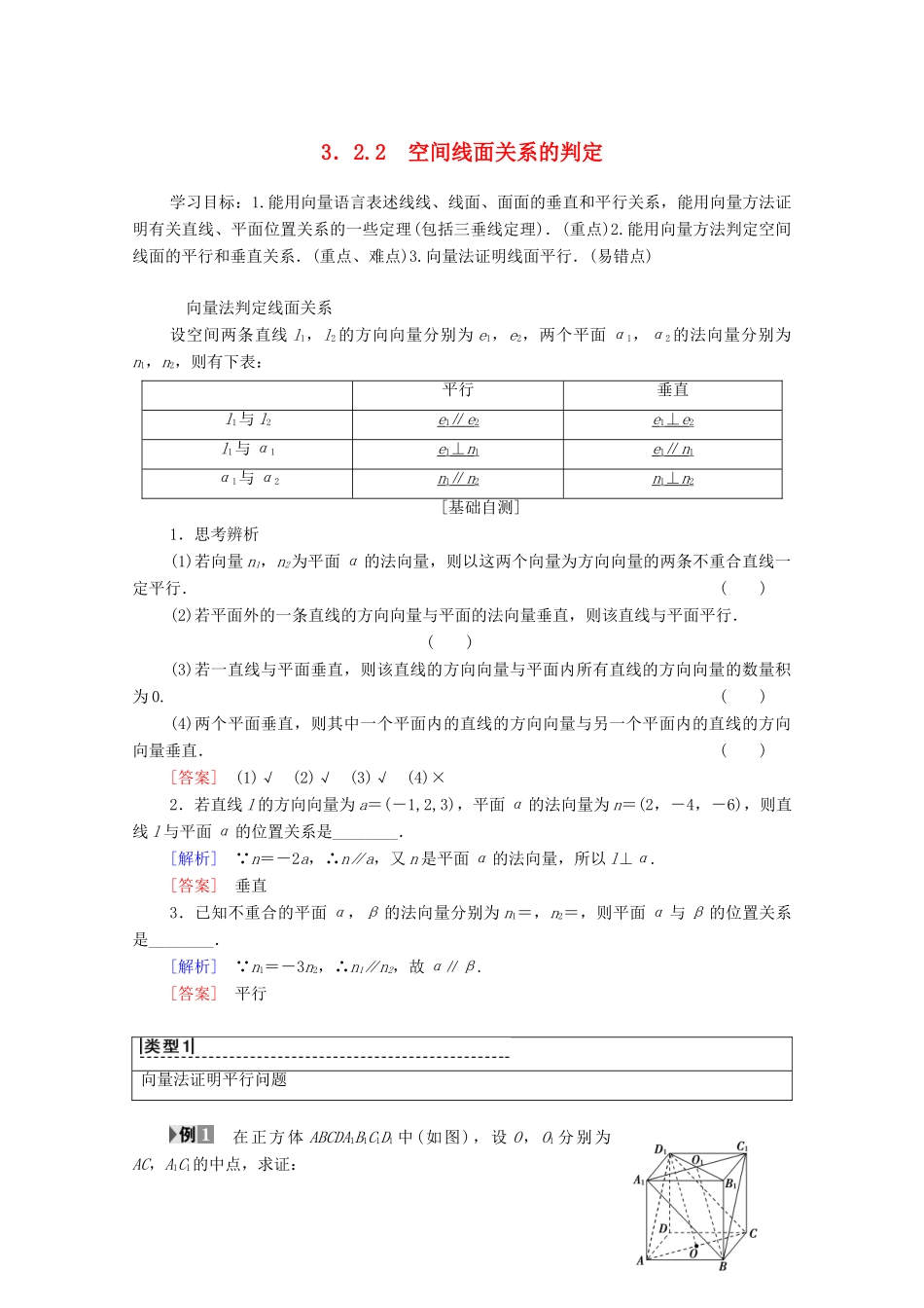 高中数学 第3章 空间向量与立体几何 3.2 空间向量的应用 3.2.2 空间线面关系的判定学案 苏教版选修2-1-苏教版高二选修2-1数学学案_第1页