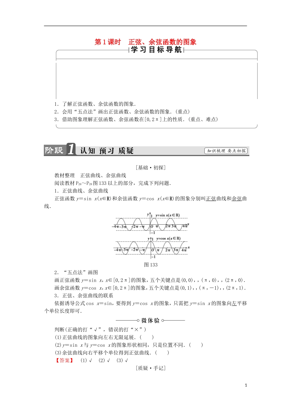 高中数学 第1章 三角函数 1.3.2.1 正弦、余弦函数的图象学案 苏教版必修4-苏教版高中必修4数学学案_第1页