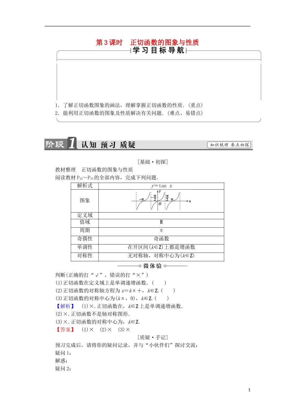 高中数学 第1章 三角函数 1.3.2.3 正切函数的图象与性质学案 苏教版必修4-苏教版高中必修4数学学案_第1页