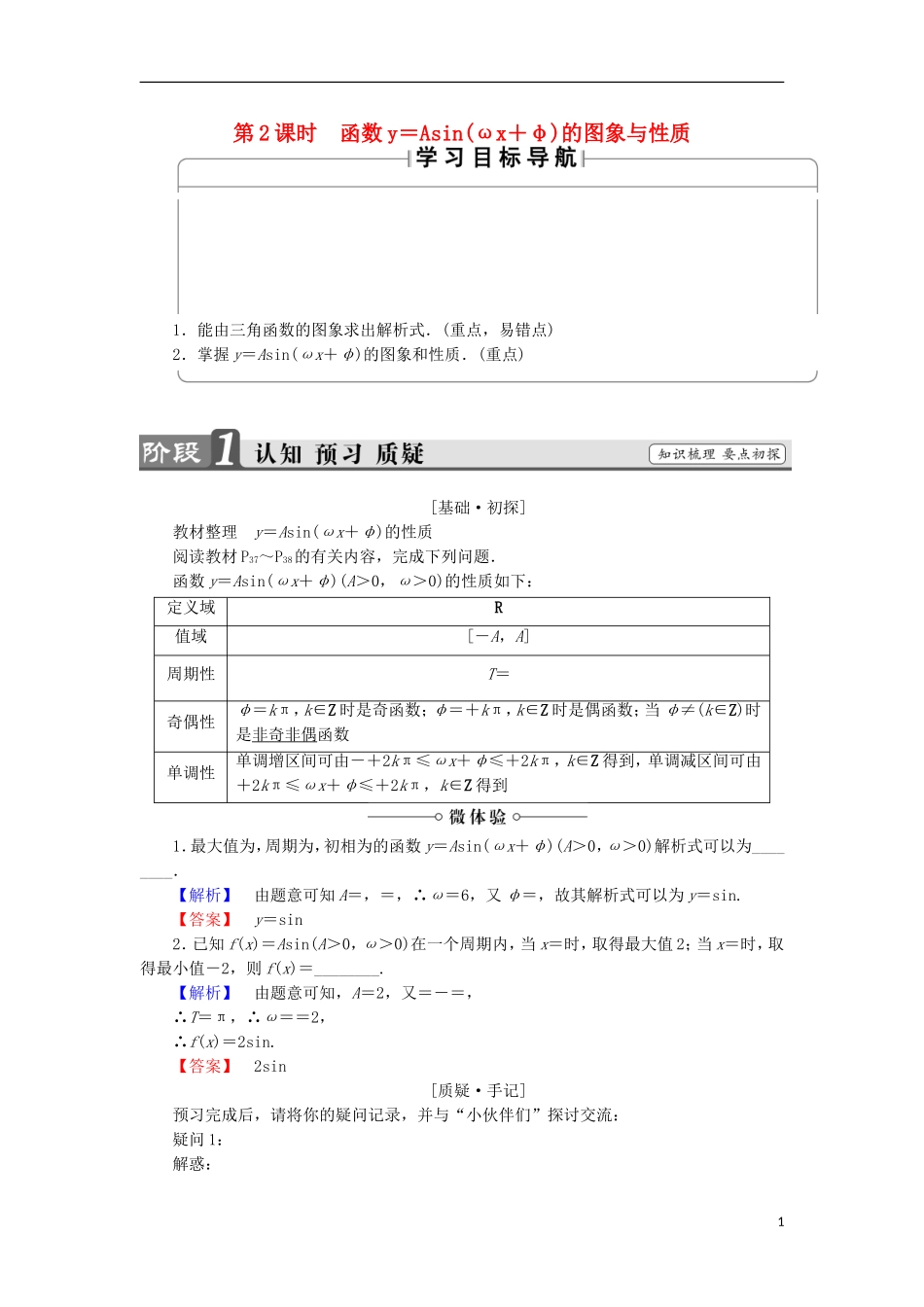 高中数学 第1章 三角函数 1.3.3.2 函数y＝Asin（ωx＋φ）的图象与性质学案 苏教版必修4-苏教版高中必修4数学学案_第1页