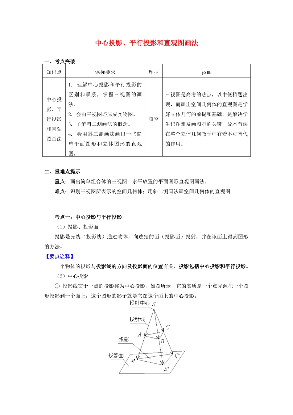 高中数学 第1章 立体几何初步 第一节 空间几何体3 中心投影、平行投影和直观图画法学案 苏教版必修2-苏教版高一必修2数学学案_第1页