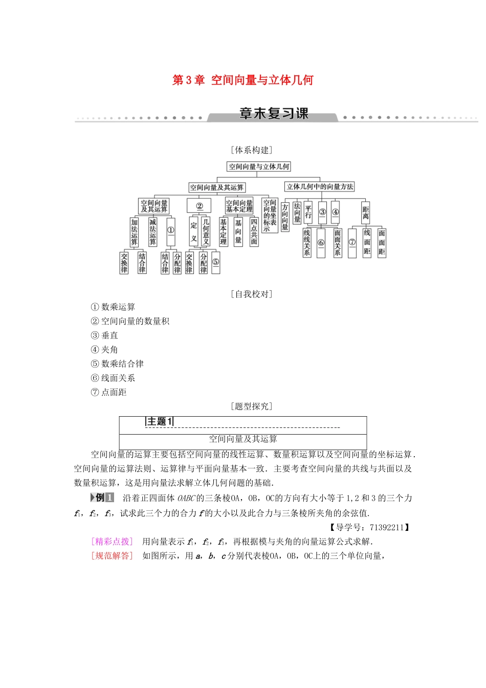 高中数学 第3章 空间向量与立体几何章末复习课学案 苏教版选修2-1-苏教版高一选修2-1数学学案_第1页