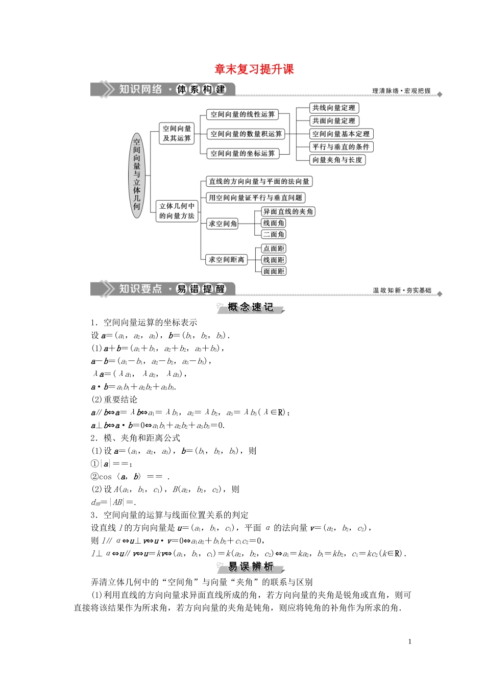 高中数学 第3章 空间向量与立体几何章末复习提升课学案 新人教B版选修2-1-新人教B版高二选修2-1数学学案_第1页