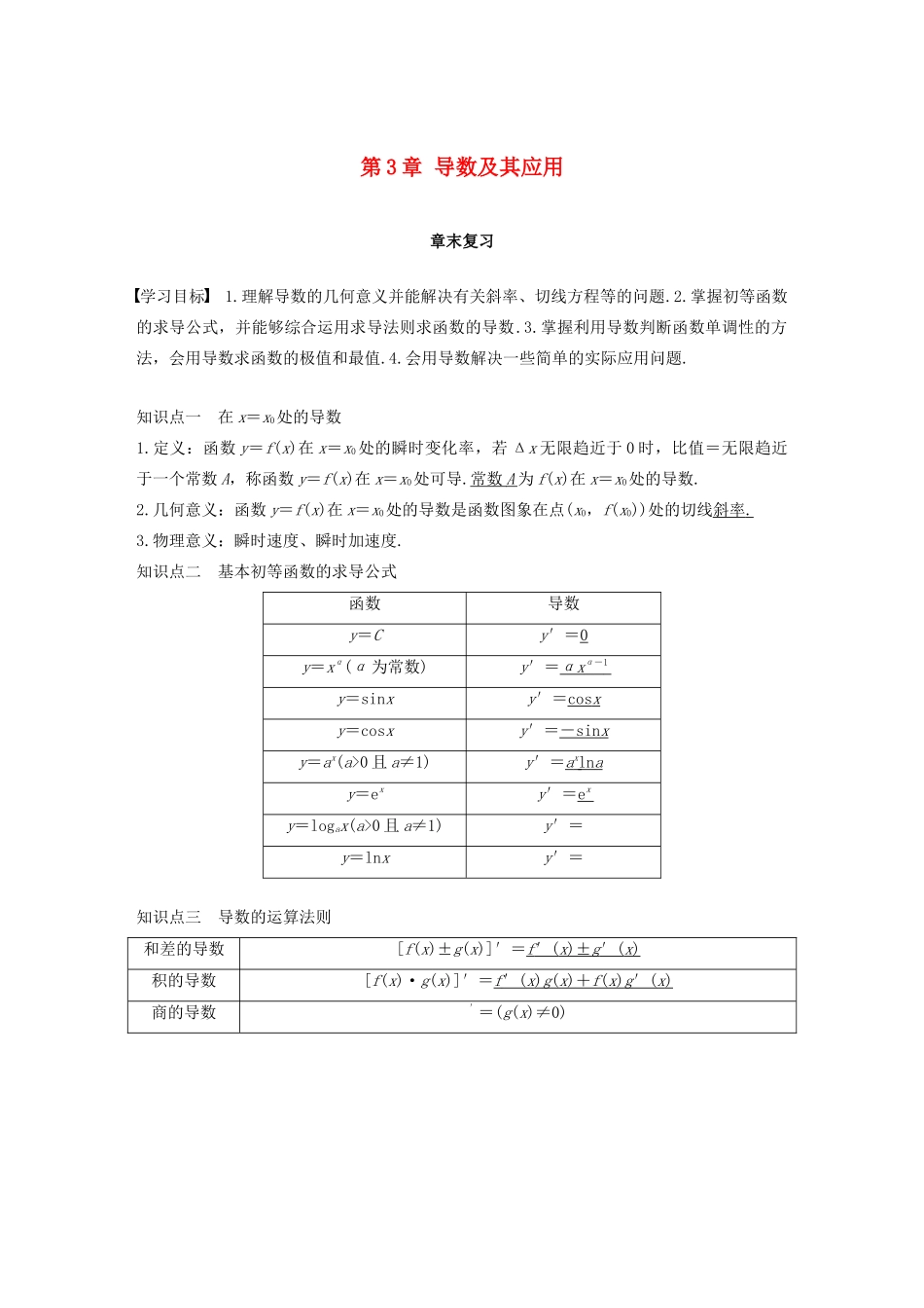 高中数学 第3章 导数及其应用章末复习学案 苏教版选修1-1-苏教版高二选修1-1数学学案_第1页