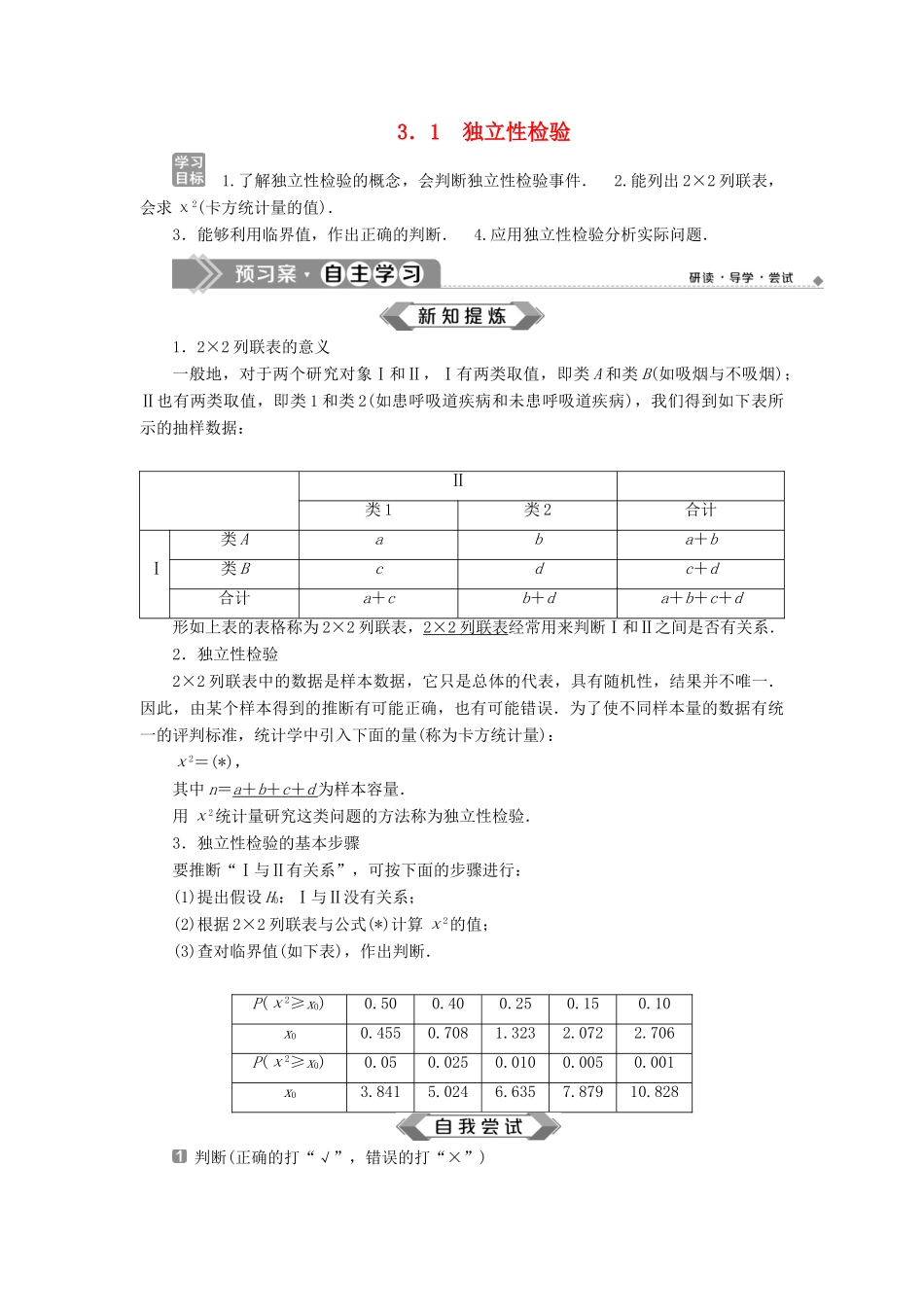 高中数学 第3章 统计案例 3.1 独立性检验学案 苏教版选修2-3-苏教版高二选修2-3数学学案_第1页