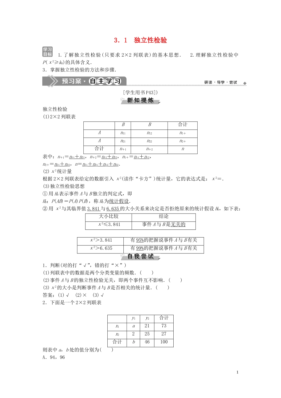 高中数学 第3章 统计案例 3.1 独立性检验学案 新人教B版选修2-3-新人教B版高二选修2-3数学学案_第1页