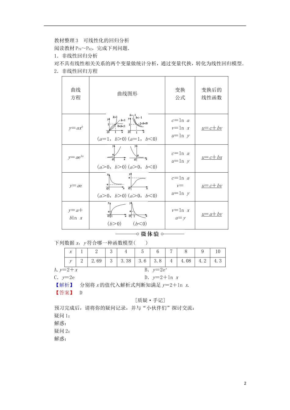 高中数学 第3章 统计案例 3.1.1 回归分析 1.2 相关系数 1.3 可线性化的回归分析学案 北师大版选修2-3-北师大版高中选修2-3数学学案_第2页