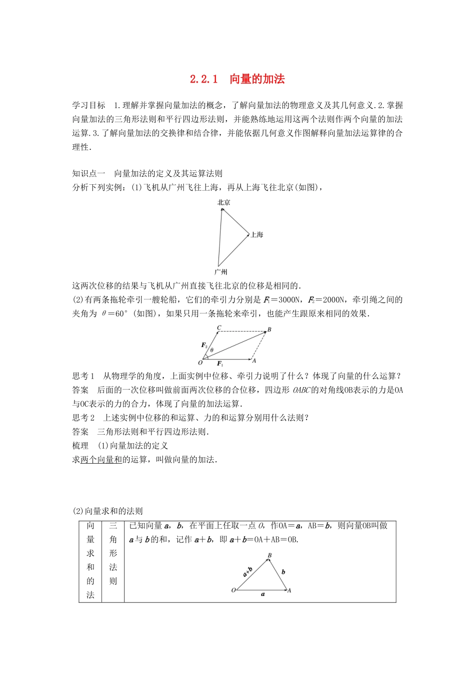 高中数学 第2章 平面向量 2.2.1 向量的加法学案 苏教版必修4-苏教版高二必修4数学学案_第1页