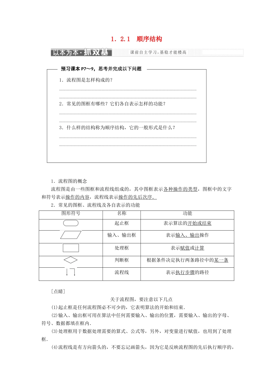 高中数学 第1章 算法初步 1.2 流程图 1.2.1 顺序结构教学案 苏教版必修3-苏教版高一必修3数学教学案_第1页