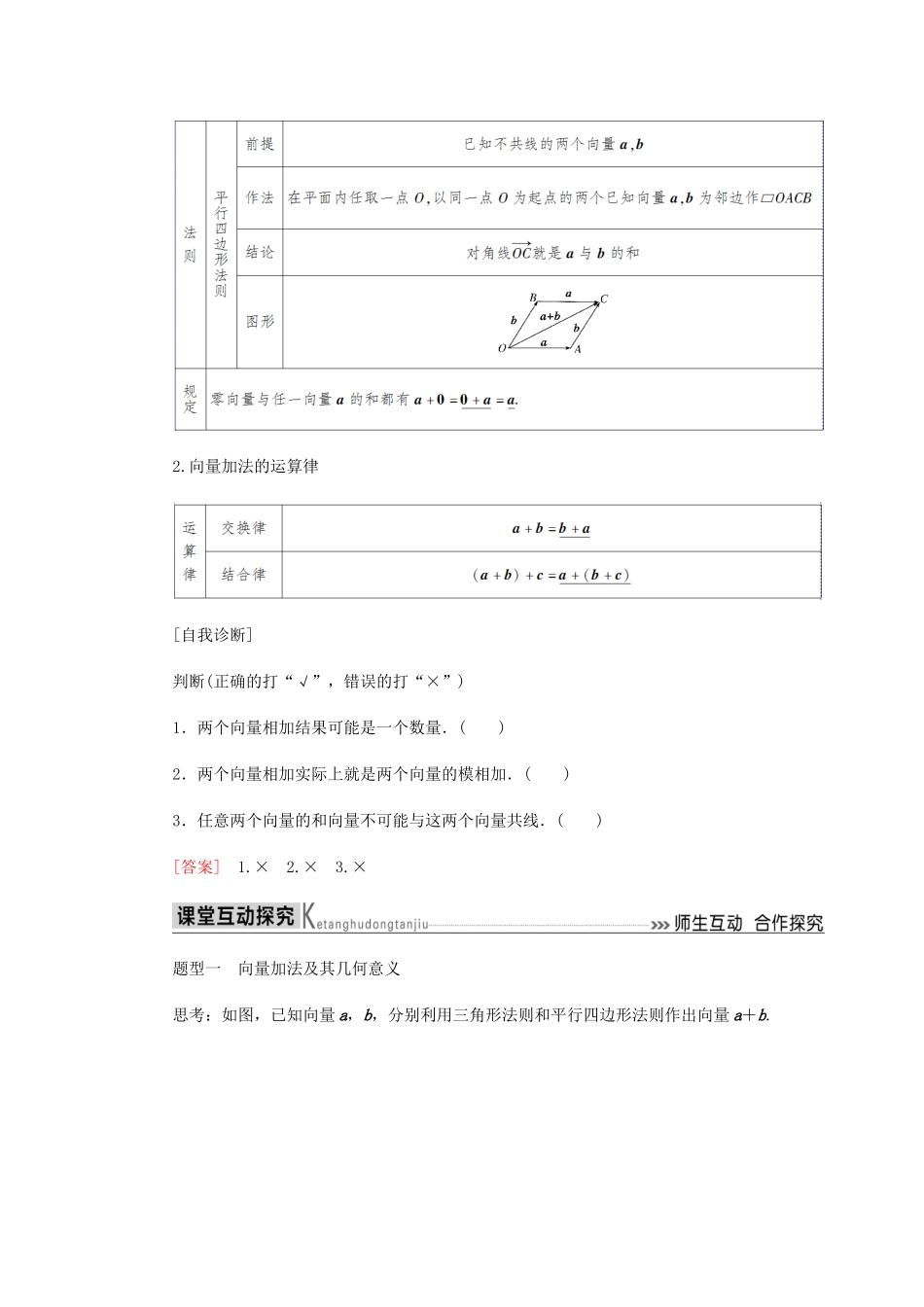 高中数学 第2章 平面向量 2.2.1 向量加法运算及其几何意义导学案 新人教A版必修4-新人教A版高一必修4数学学案_第2页