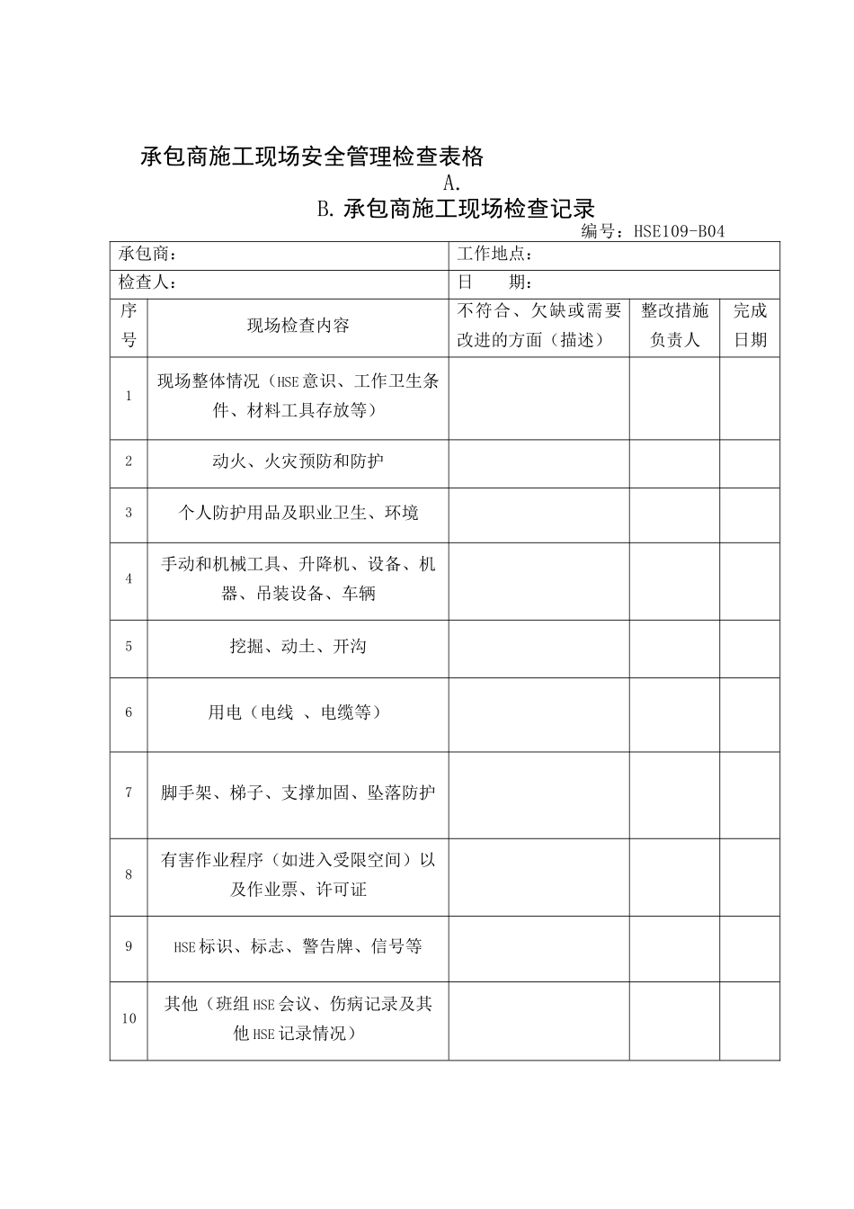 承包商施工现场安全检查表格_第1页