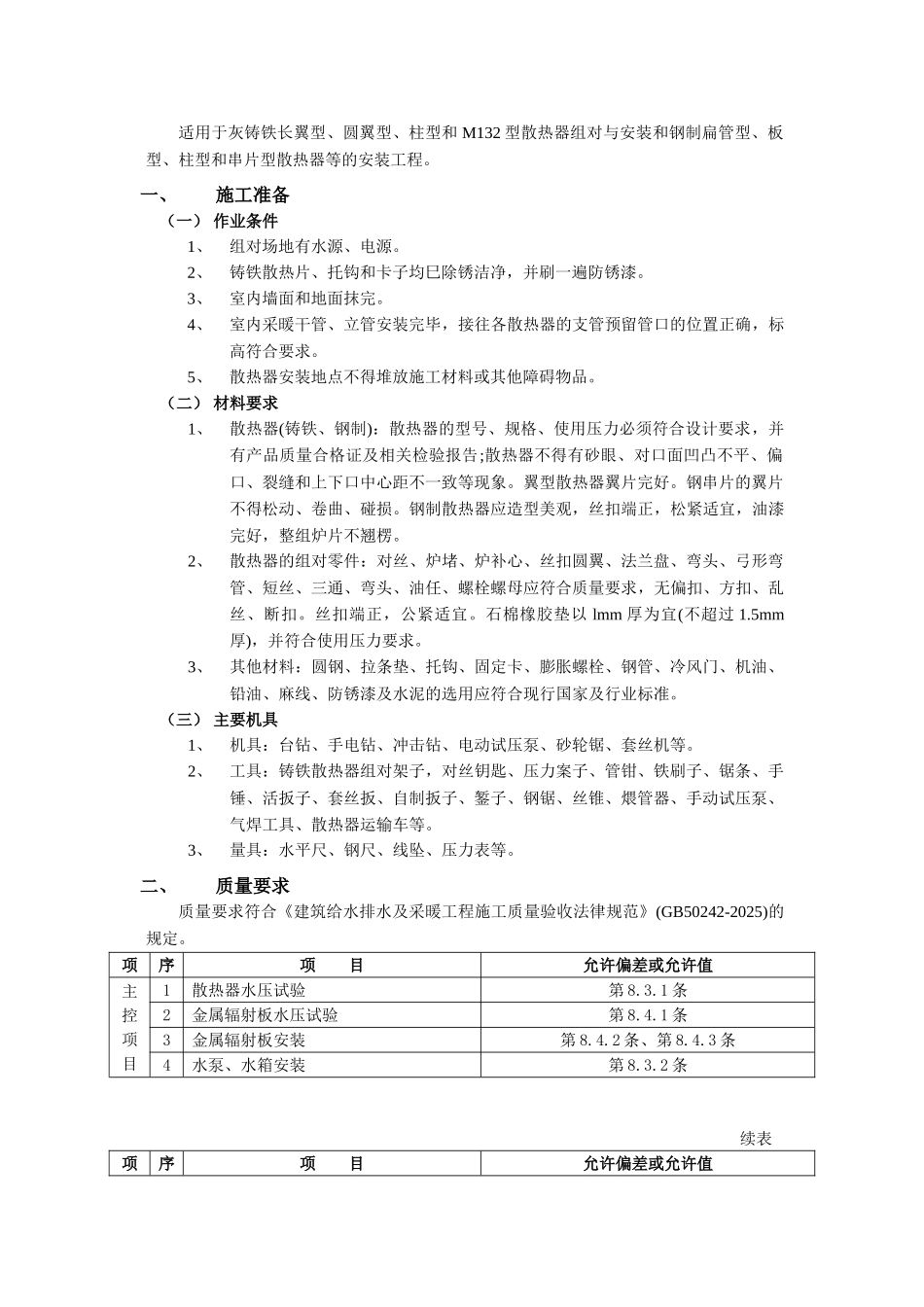 散热器安装工程技术交底模板_第1页