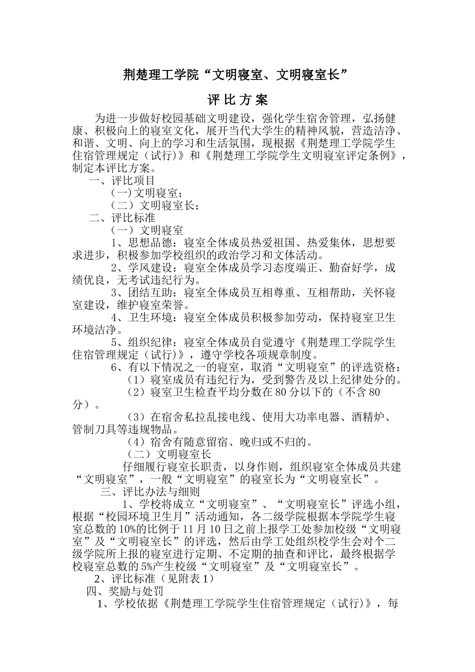 文明寝室文明寝室长评比方案_第1页