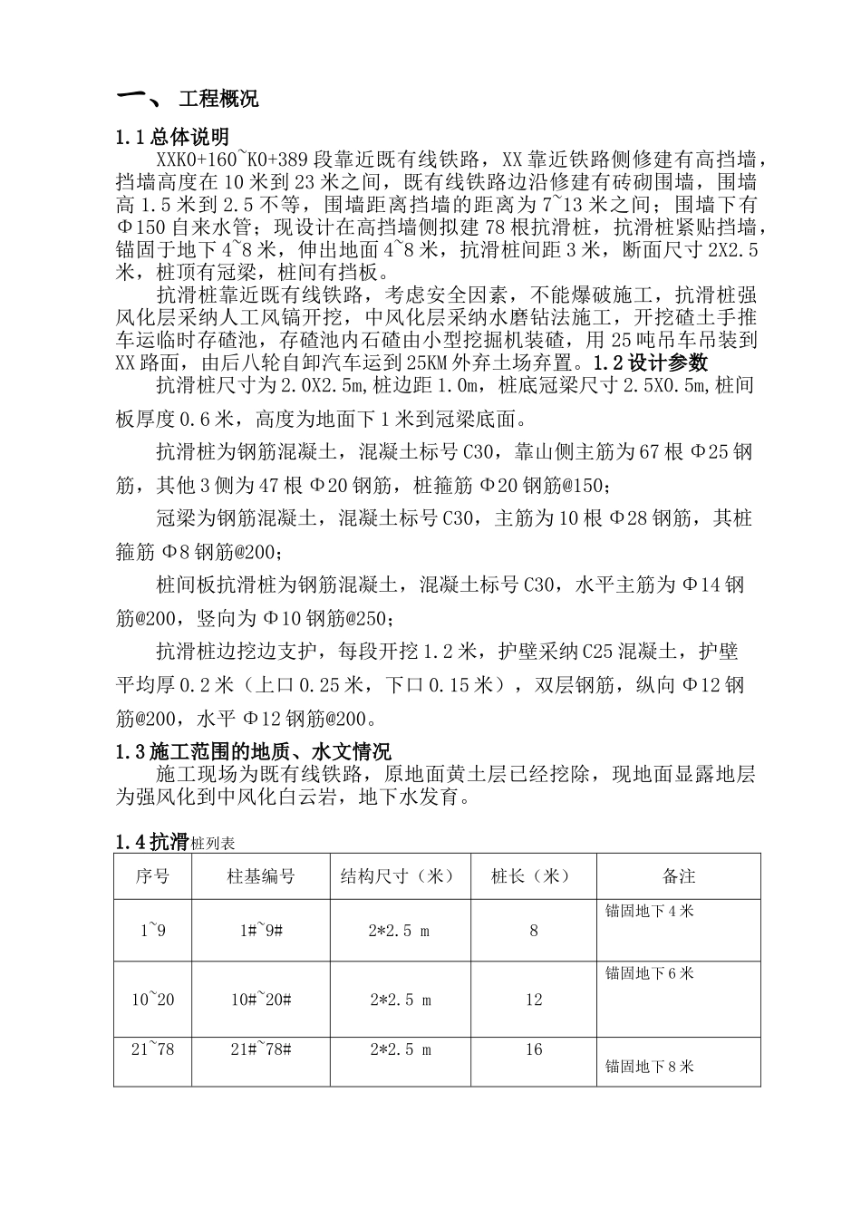 既有铁路高边坡防护人工挖孔抗滑桩施工方案_第1页