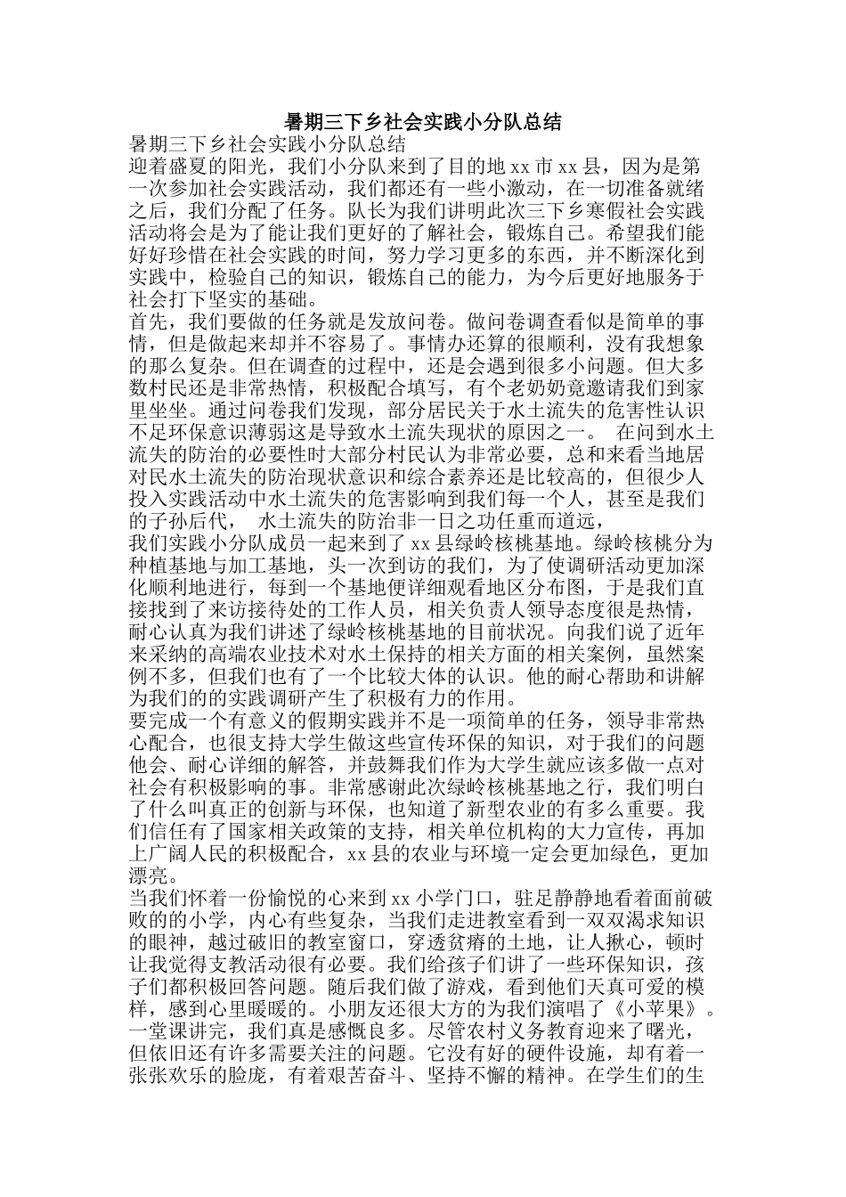 暑期三下乡社会实践小分队总结-精品范文资料_第1页