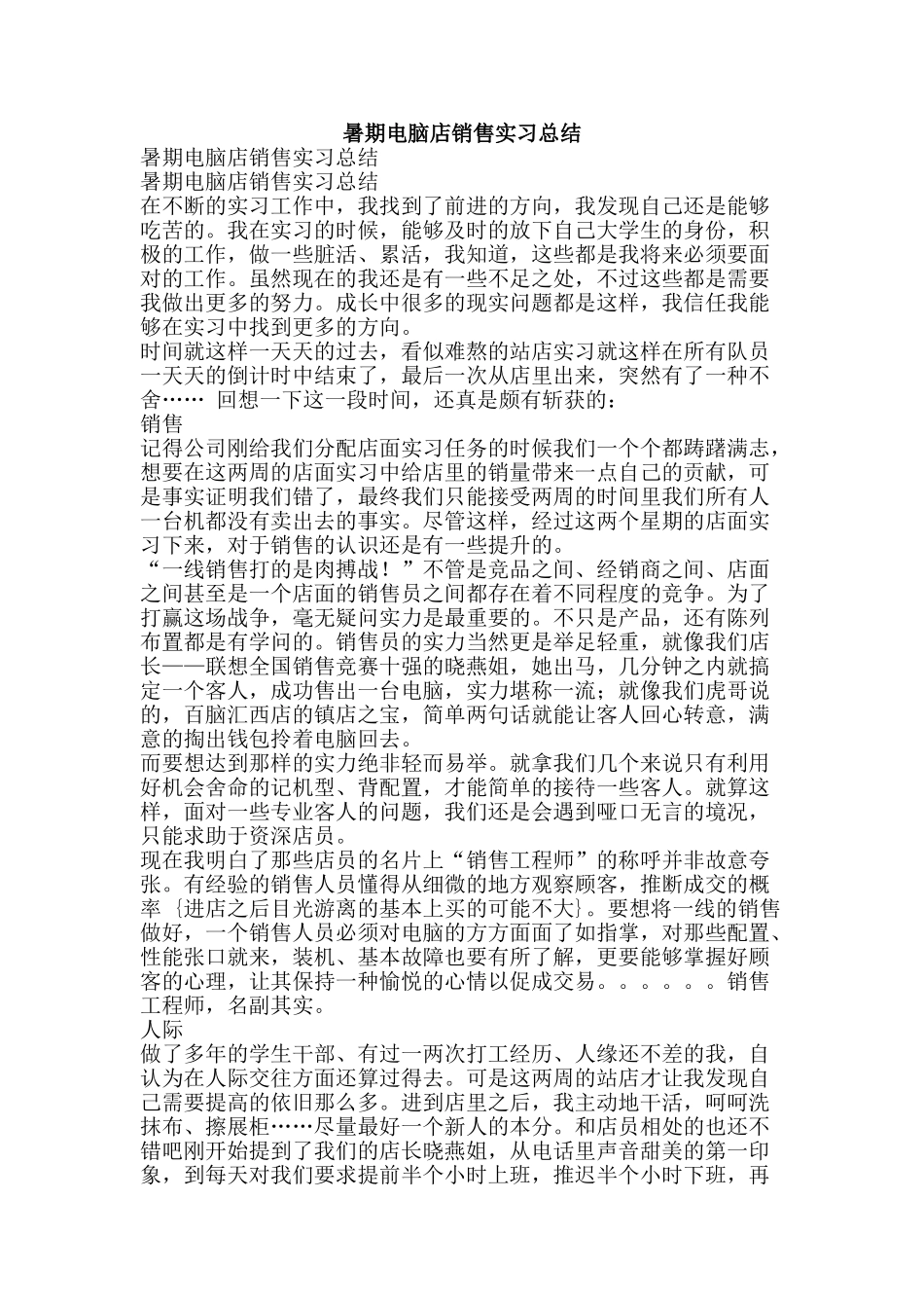 暑期电脑店销售实习总结-精品范文资料_第1页