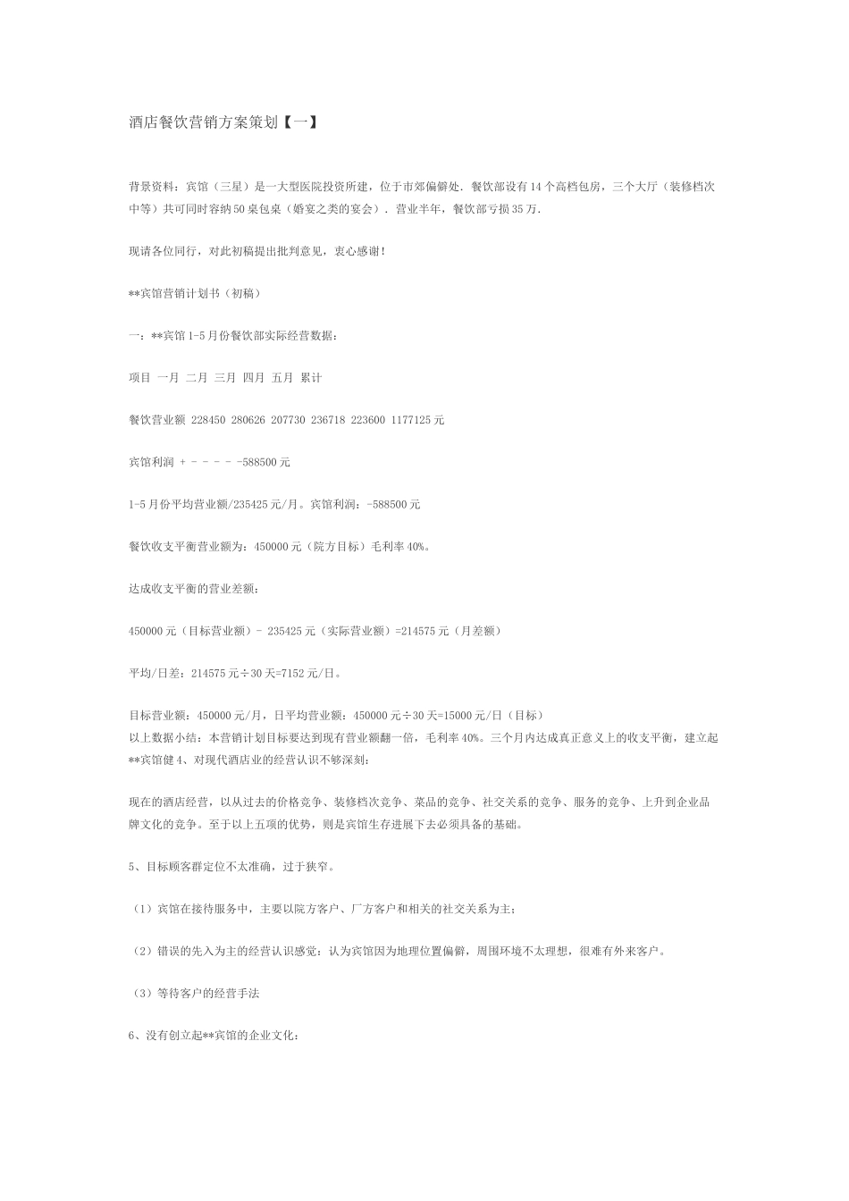 最新某酒店营销策划方案_第1页