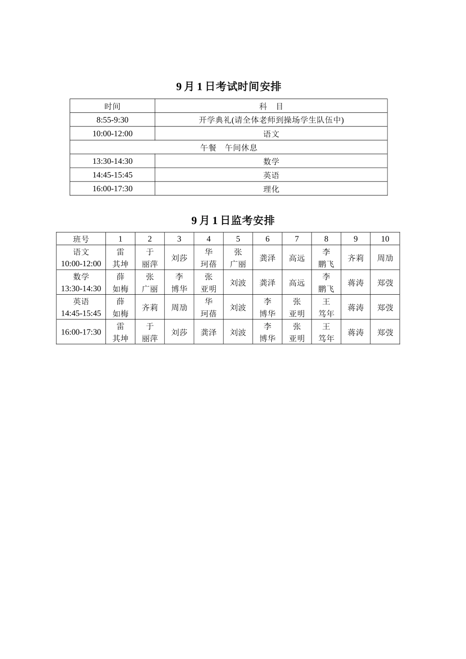 月1号开学典礼及开学检测安排_第1页