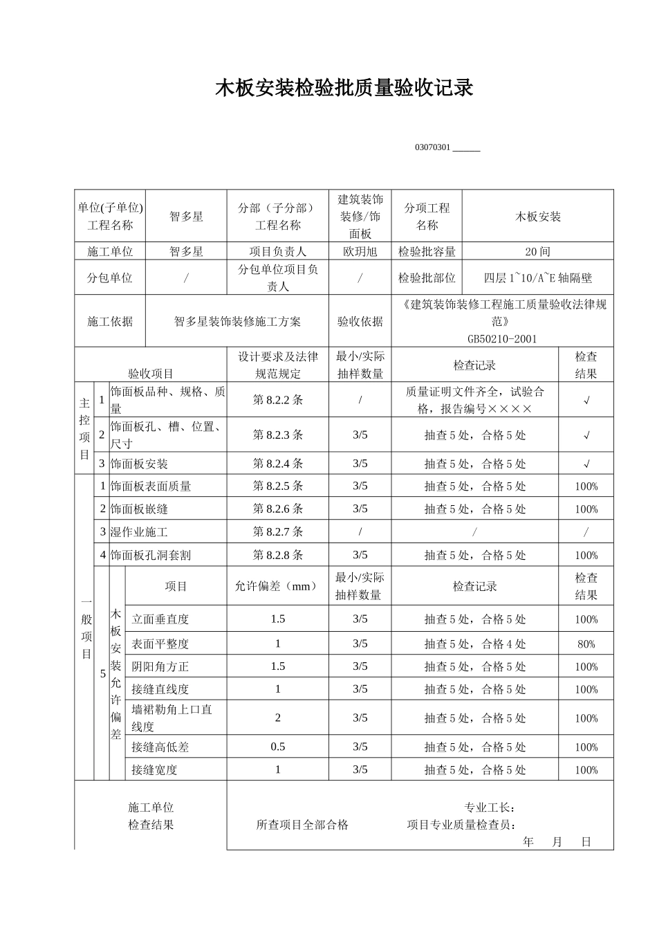 木板安装检验批质量验收记录_第1页