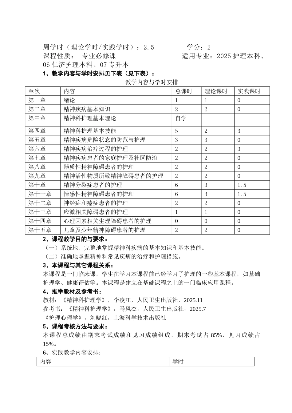 本仁本精神科护理学教学大纲_第2页