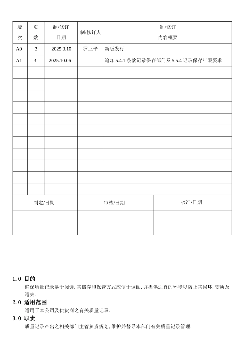 机械电子产品行业程序-质量记录管制程序_第1页