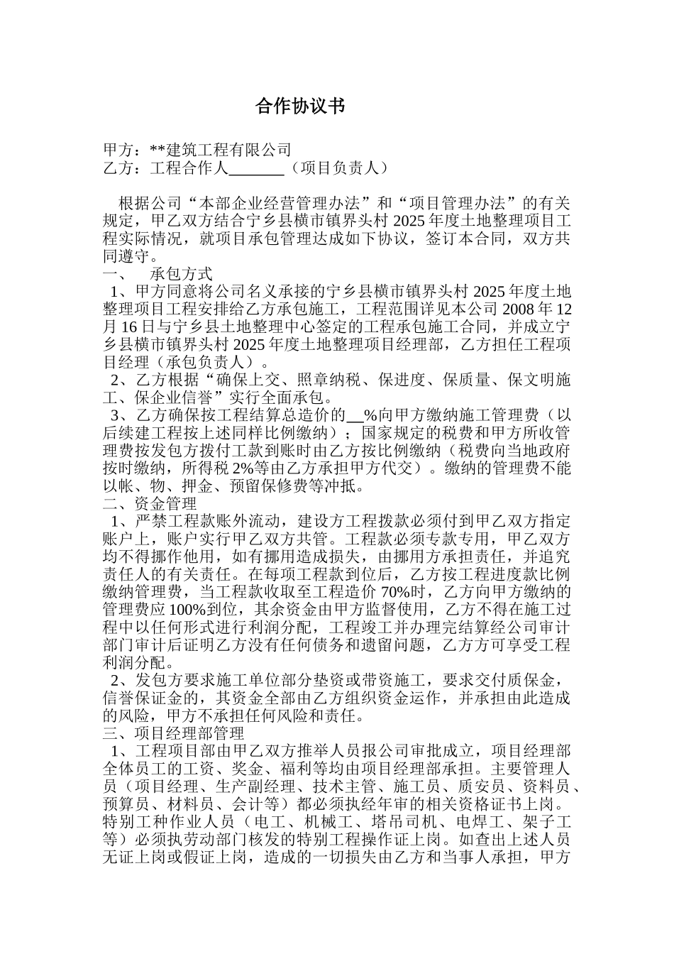 村2025年度土地整理项目工程施工合同_第1页