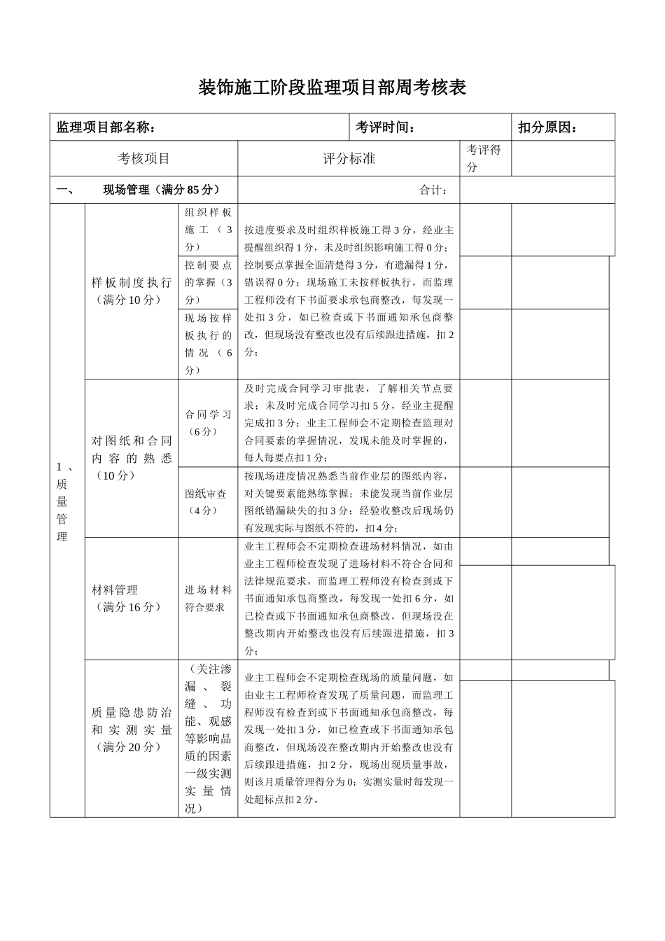 杭州地产项目监理月度考核表_第1页