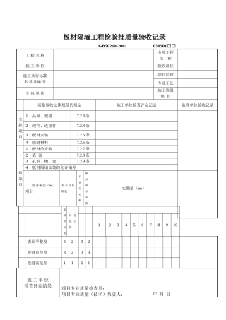 板材隔墙工程检验批质量验收记录