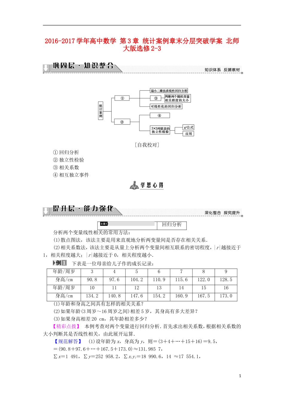 高中数学 第3章 统计案例章末分层突破学案 北师大版选修2-3-北师大版高中选修2-3数学学案_第1页