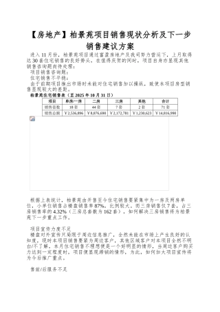 柏景苑项目销售现状分析及下一步销售建议方案